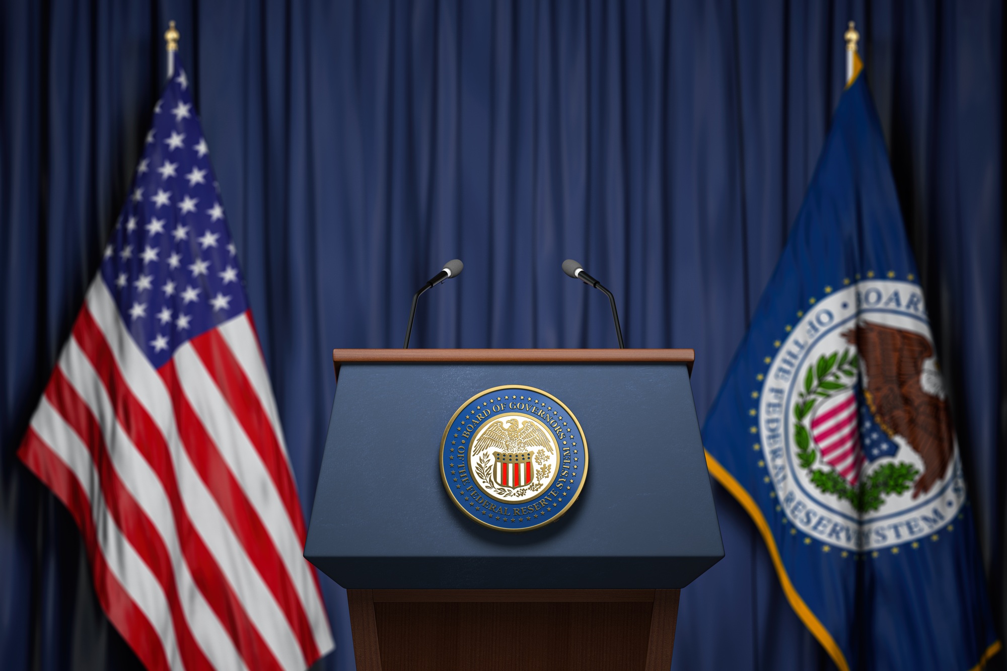 Federal Reserve System Fed of USA chairman press conference concept. Federal Reserve System Fed of USA chairman press conference concept.