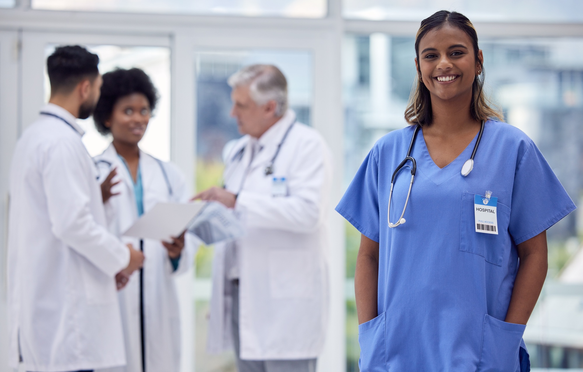 Woman, portrait or nurse in hospital internship, about us or medical collaboration for medicine tre Woman, portrait or nurse in hospital internship, about us or medical collaboration for medicine tre