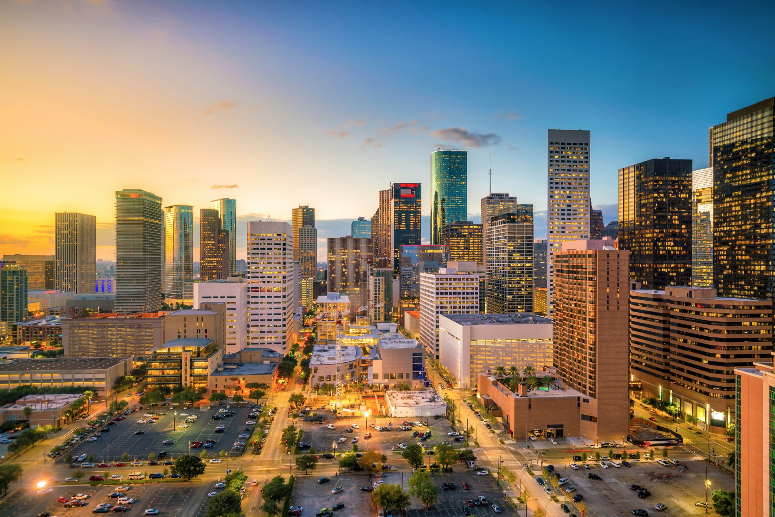 Downtown Houston skyline in Texas USA at twilight