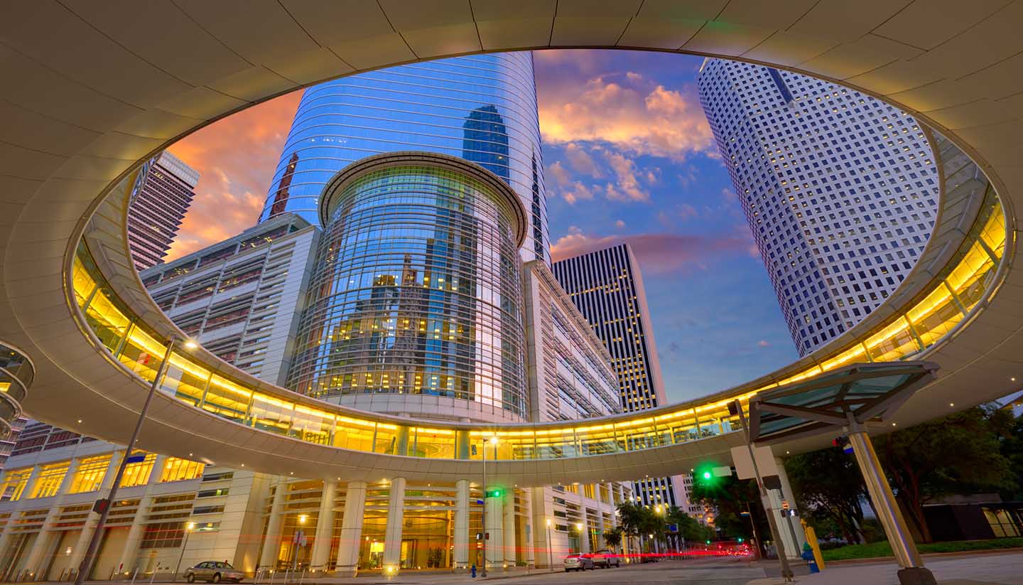 Houston Downtown sunset modern skyscrapers at Texas US USA
